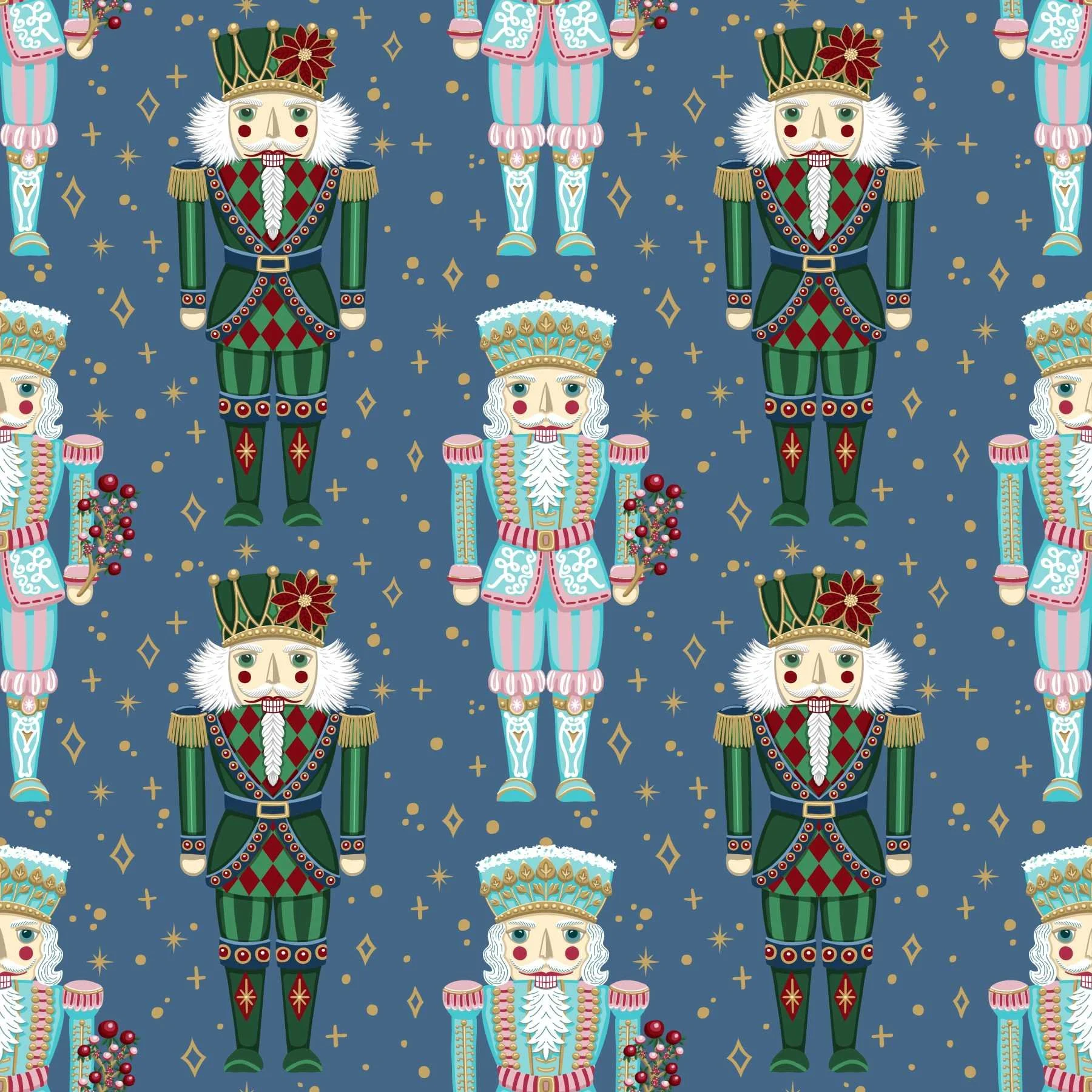 Repeating surface pattern of illustrated nutcracker soldiers in green-red and aqua-pink uniforms on a dark navy background with gold star and diamond confetti accents.