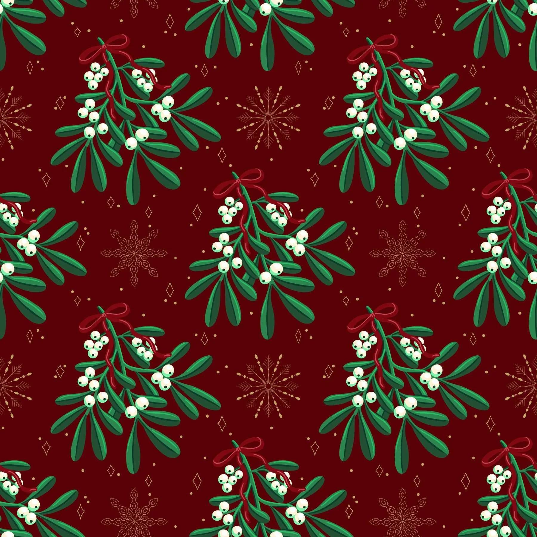 Repeating surface pattern featuring green mistletoe sprigs with cream berries and red ribbon bows on a deep burgundy background, with gold snowflake and diamond motifs..