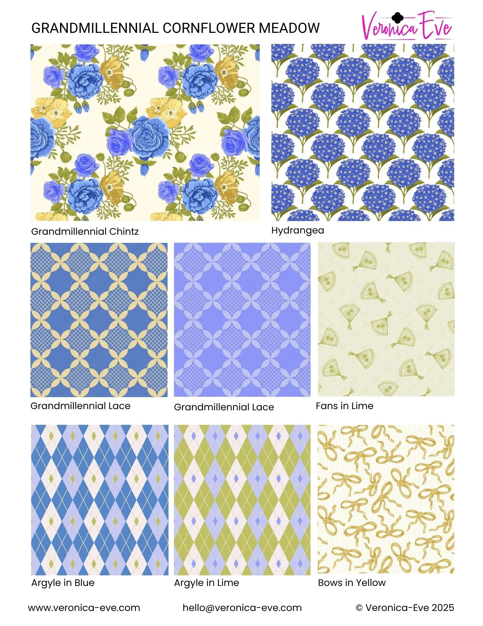 Tear sheet for the Grandmillennial Cornflower Meadow fabric collection by Veronica Eve, featuring blue, lime, and yellow floral and geometric patterns in a modern grandmillennial style.
