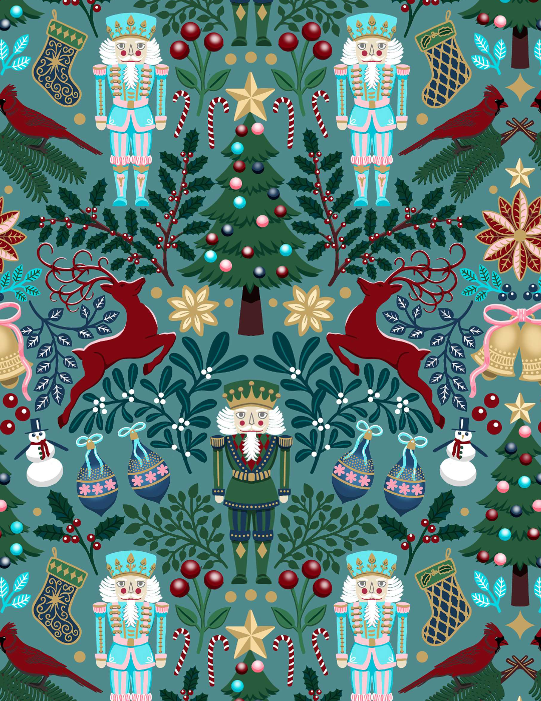 Festive teal Christmas pattern with nutcrackers, decorated tree, reindeer, snowmen, ornaments, candy canes, greenery, and red birds.