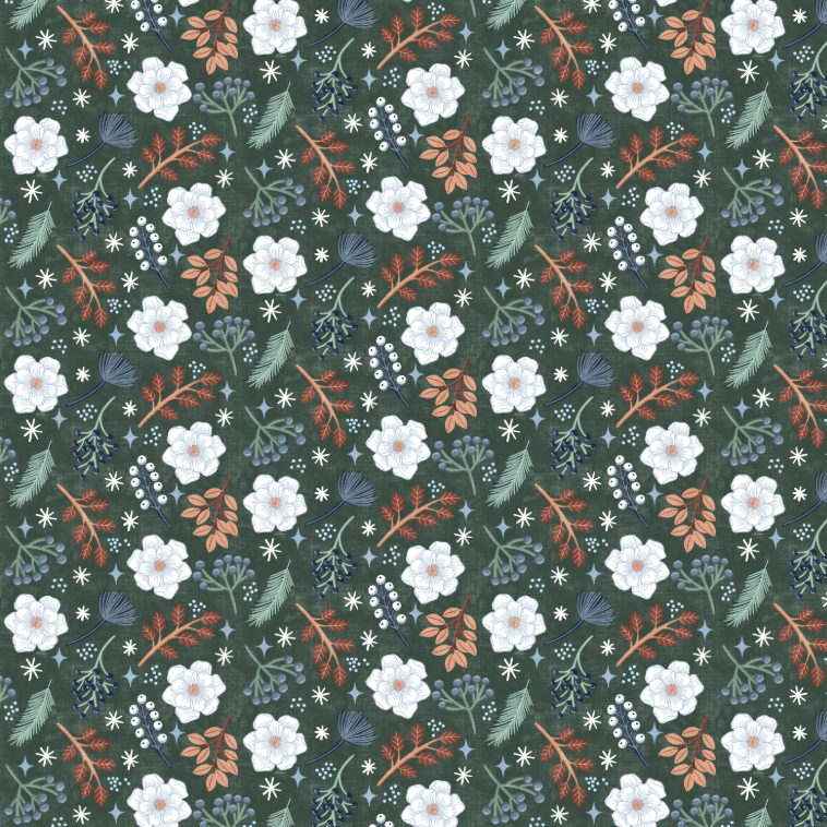 A botanical pattern of white flowers, brown branches and leaves, pine sprigs, berries, and stars on a deep green background.