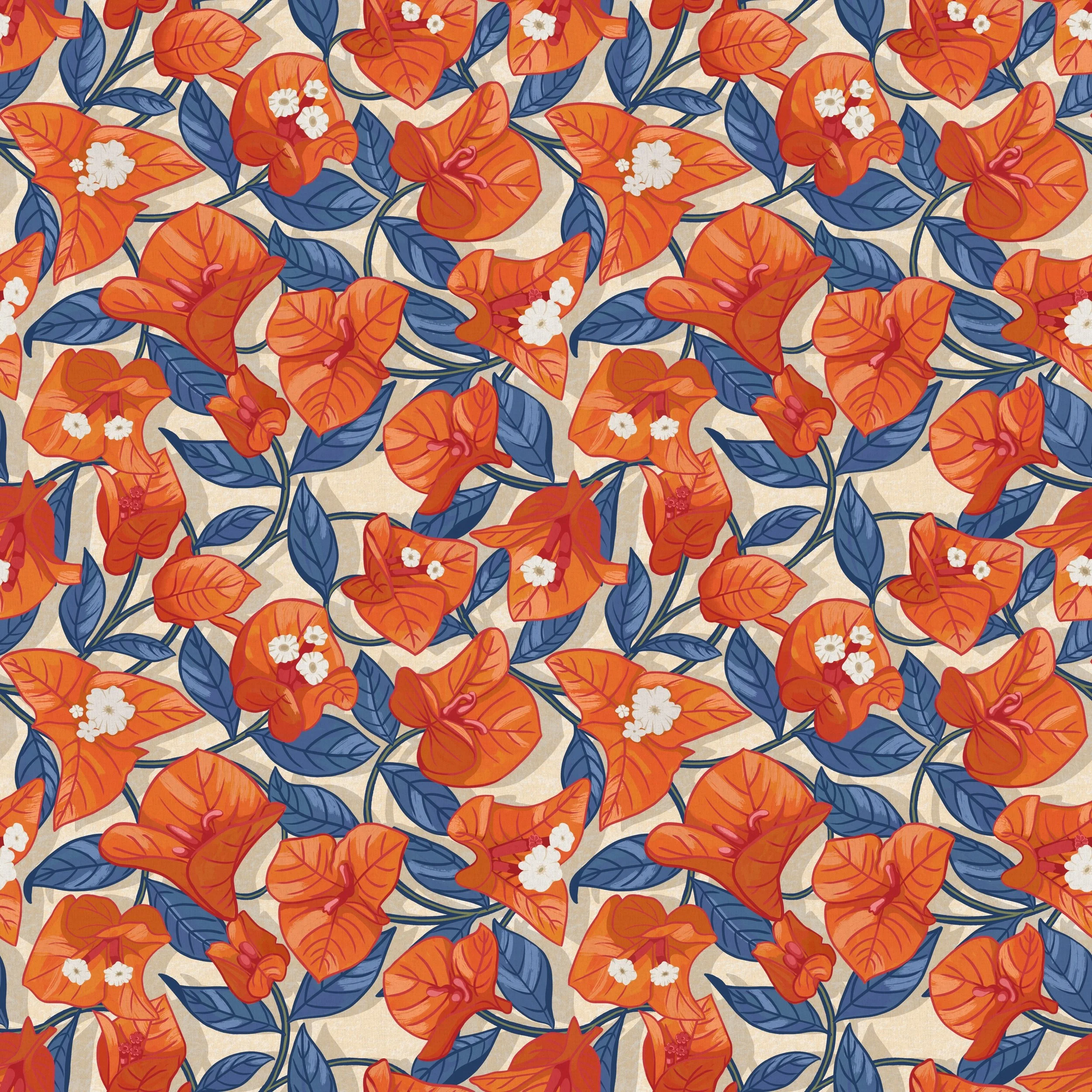 An image of a seamless pattern of orange bougainvillea flowers and blue leaves.