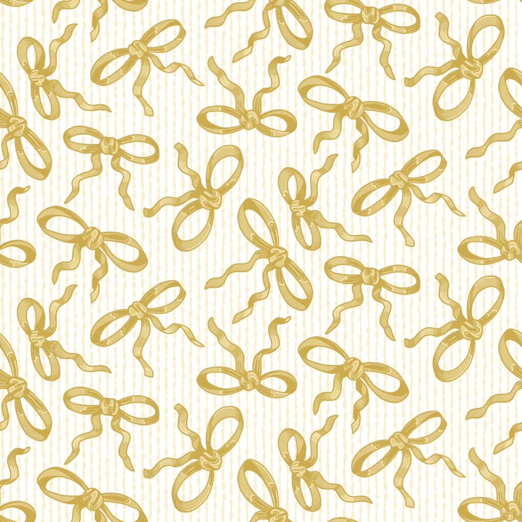 Grandmillennial bow pattern in soft butter yellow with dainty ribbon motifs arranged in a tossed pattern over subtle stripes, blending vintage feminine charm with timeless preppy elegance.