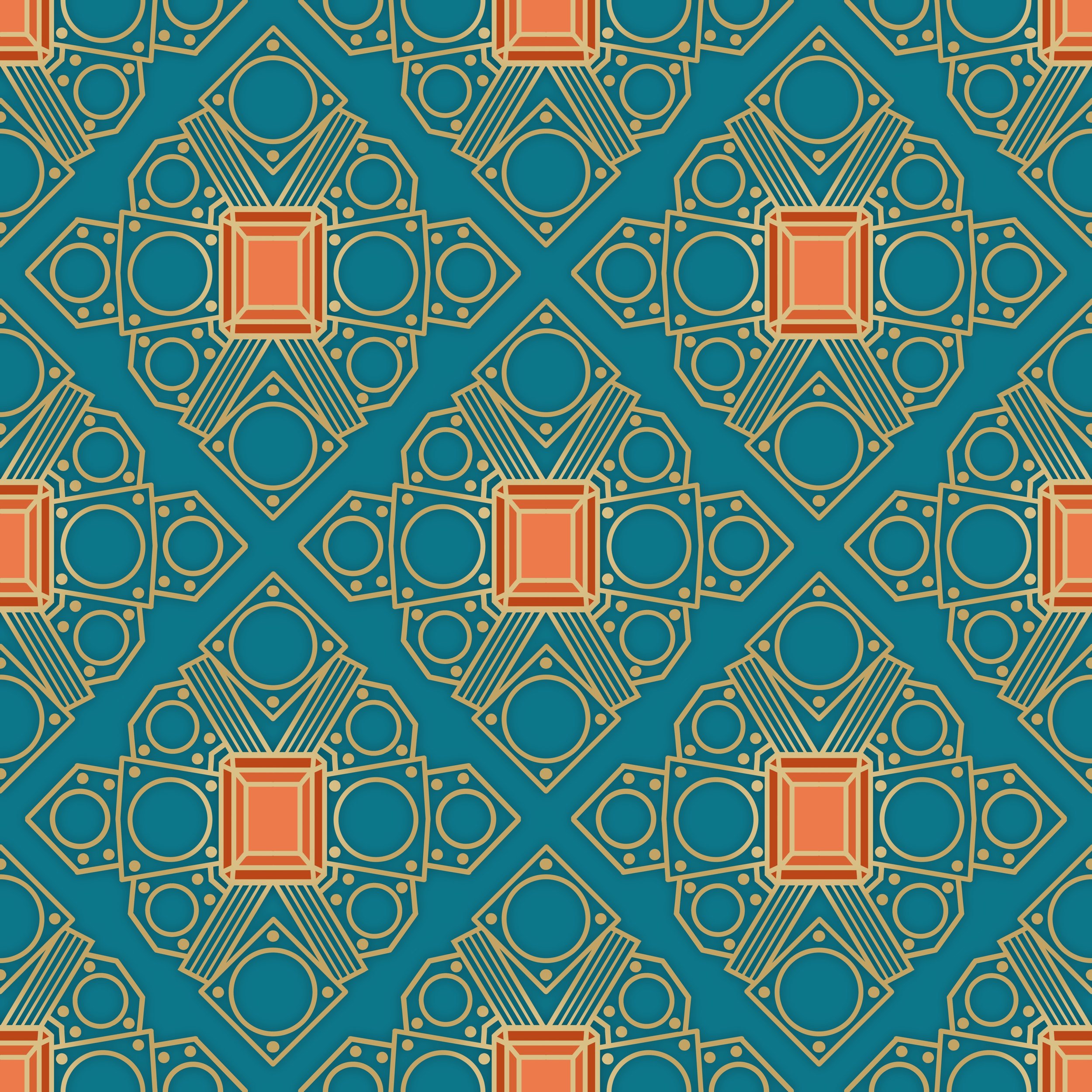 A seamless repeat pattern of a square diamond shape in an Art Deco style in gold, and orange on teal.