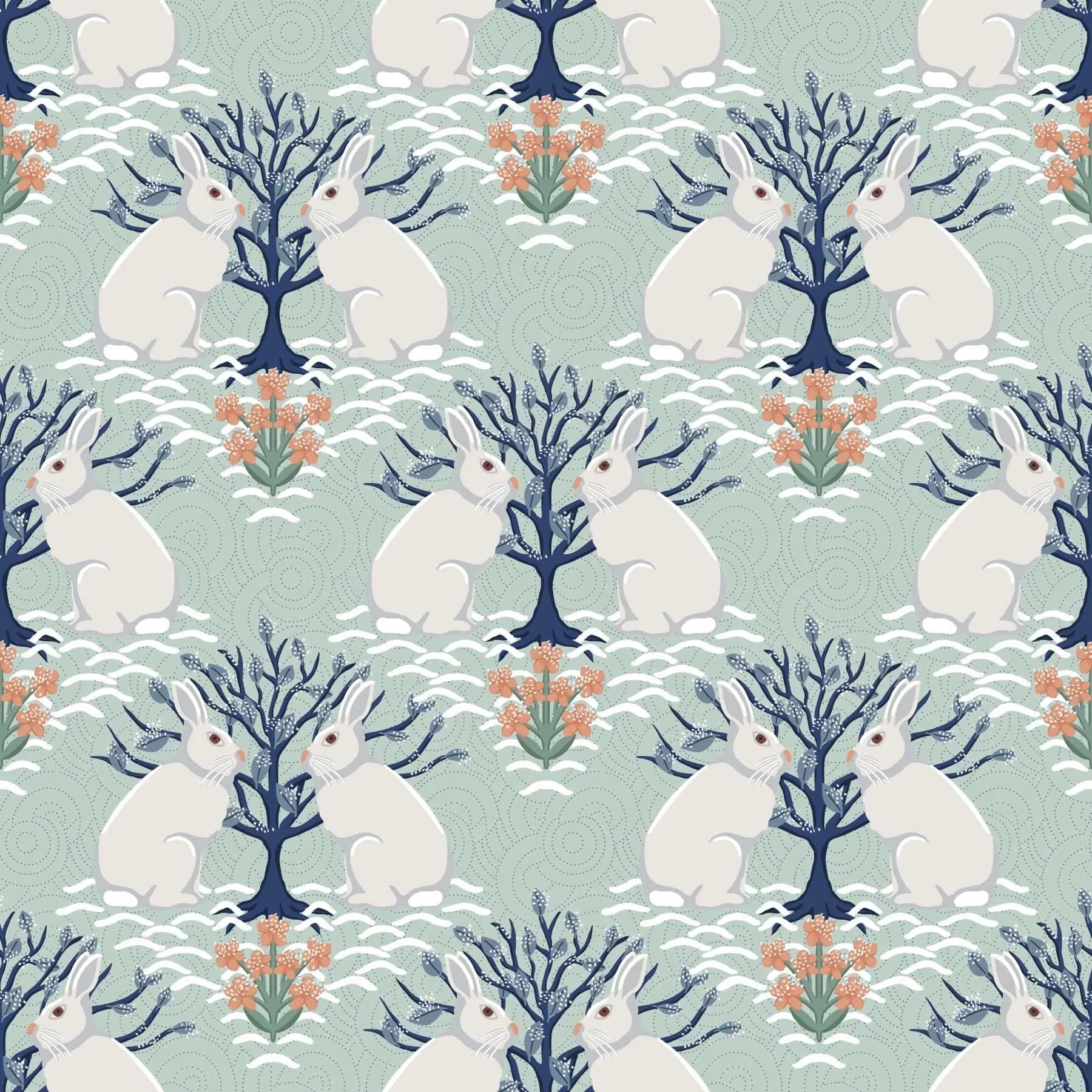 Seamless pale green pattern of white rabbits facing a blue branching bush, with coral flowers and white snow; whimsical, calm woodland tone.