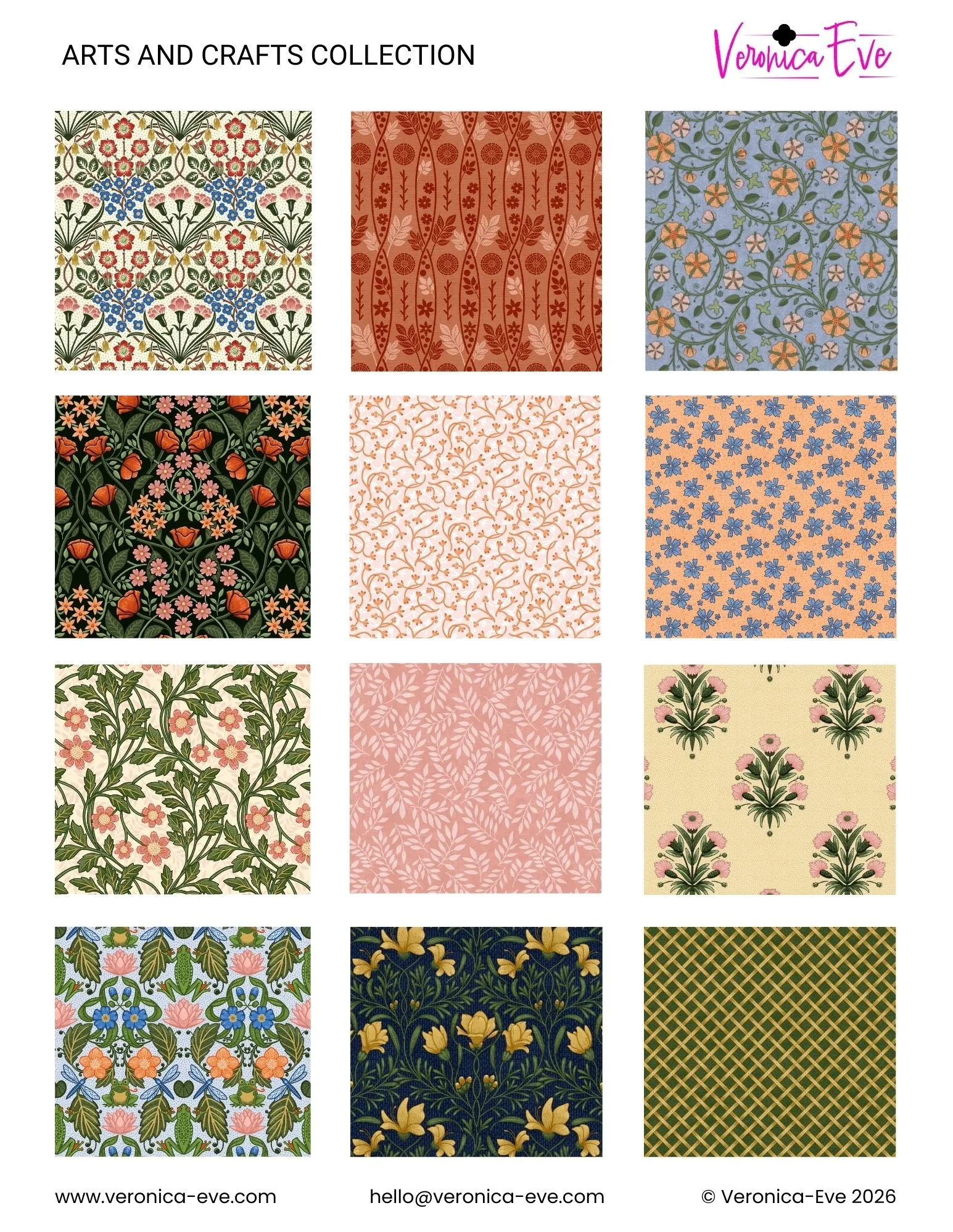 An image of a tear sheet of the Arts and Crafts Collection by Veronica Eve, featuring 12 floral designs in the Arts and Crafts style.