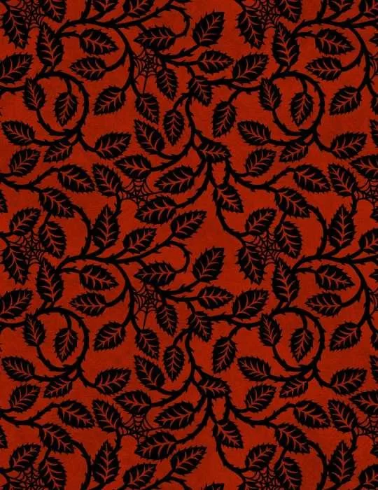 A repeat design of black rose vines and leaves with thorns and small spider webs on a textured red background, creating a gothic look.