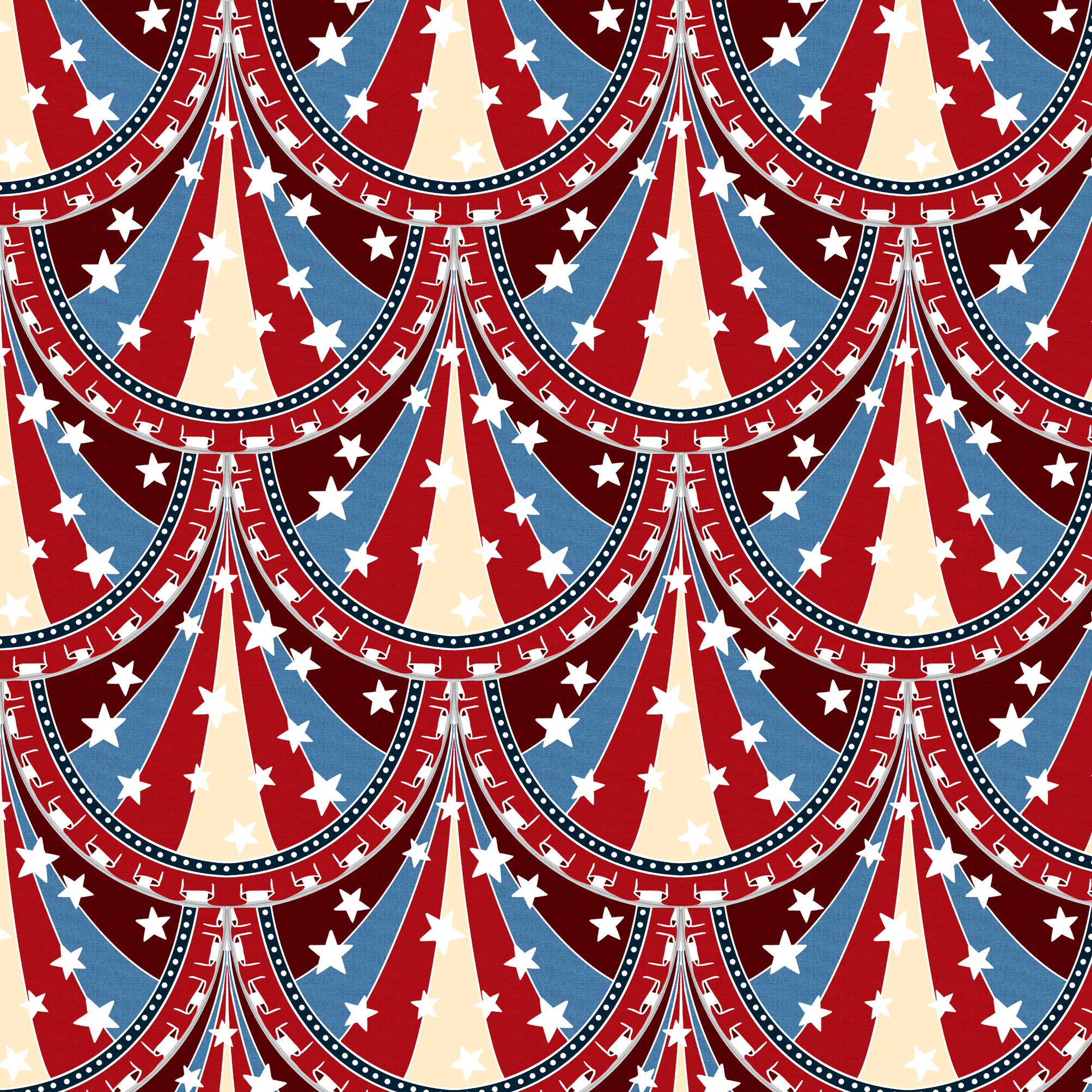 Patriotic pattern with red, white, and blue fans adorned with stars. The design is repeated, conveying a festive and celebratory American theme.