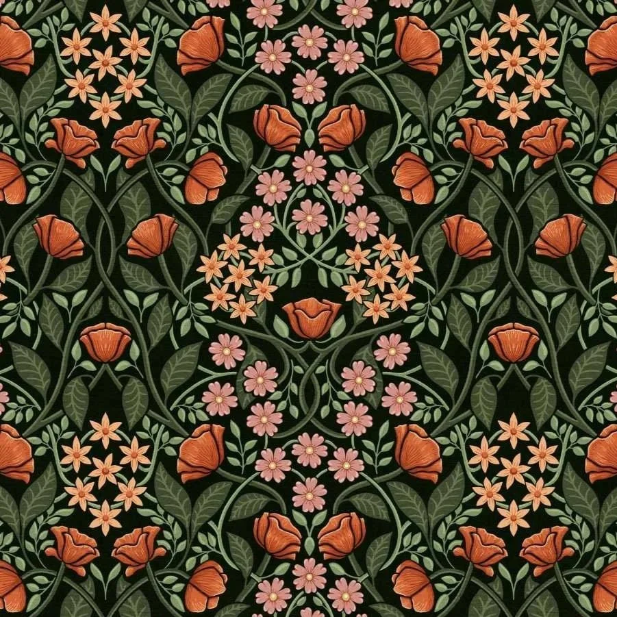 A seamless repeat pattern in Arts and Crafts style of flowers, leaves, and vines in shades of orange, pink, and green.
