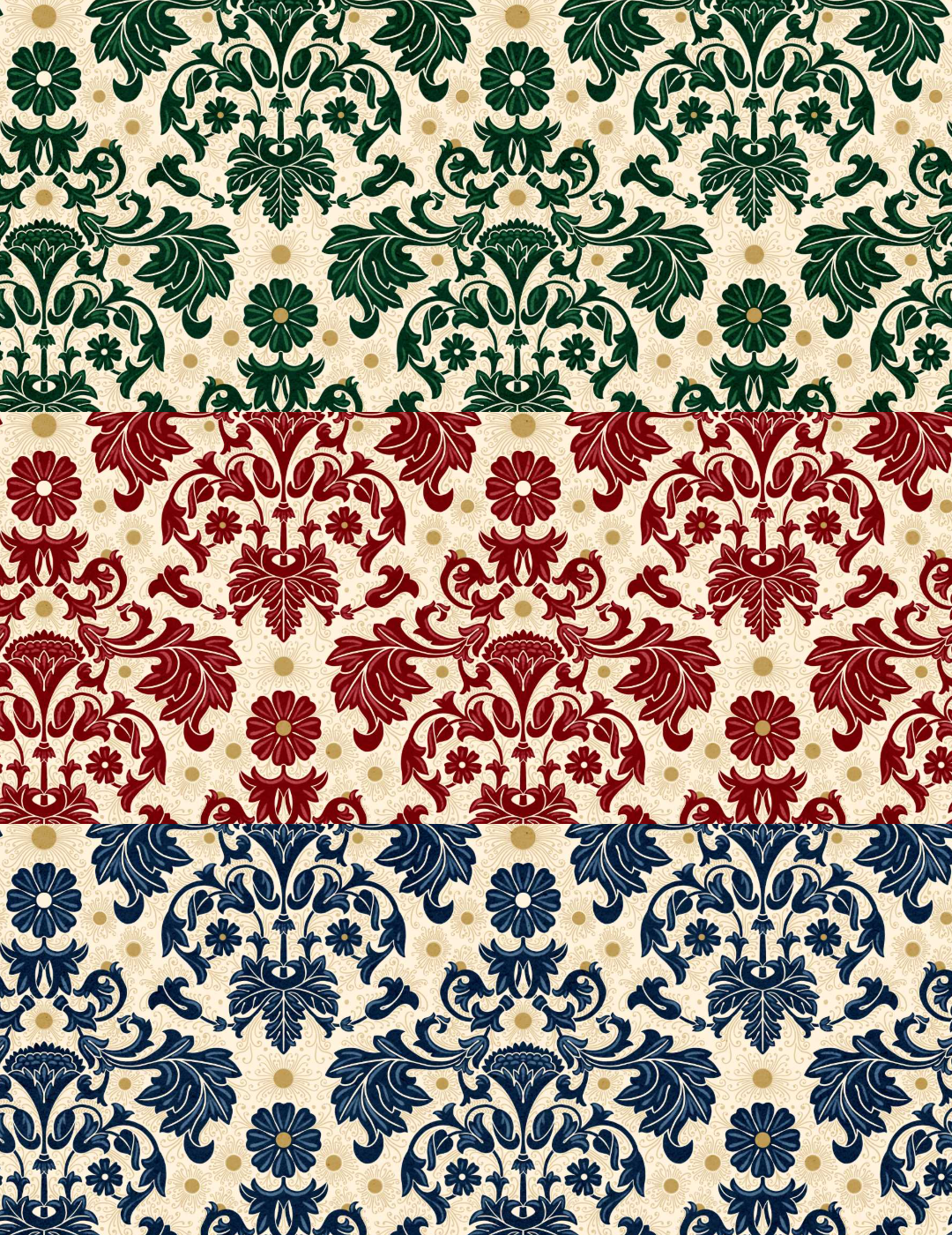 Three horizontal sections show floral damask patterns on beige backgrounds. Patterns are dark green, red, and blue, conveying an elegant, classic tone.