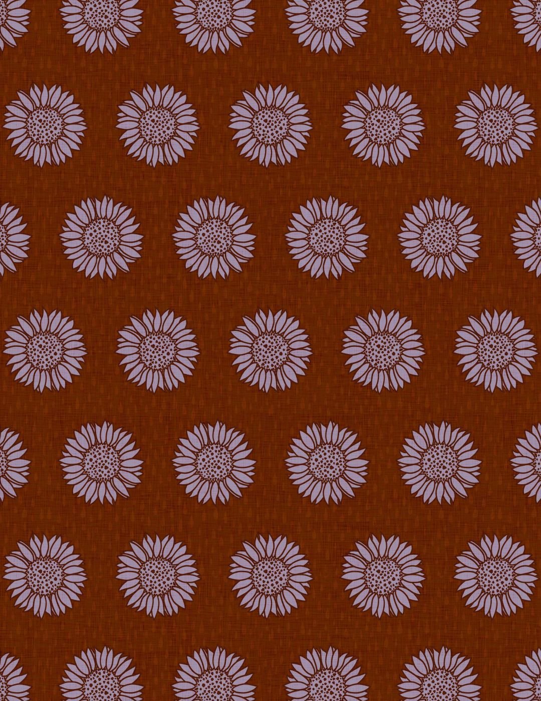 Pattern of lavender sunflowers evenly spaced on a rich brown textured background. The design is symmetrical, creating a calm and orderly aesthetic.