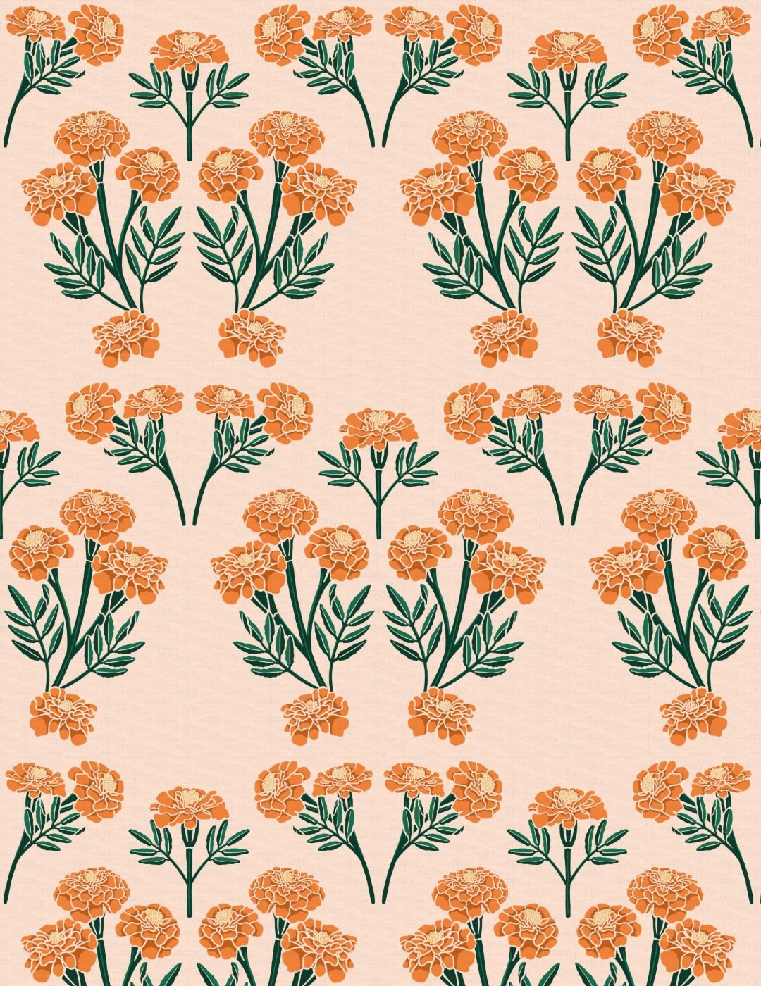 Pattern of orange marigold flowers with green stems and leaves on a light pink background. The flowers create a repeating, symmetrical design.