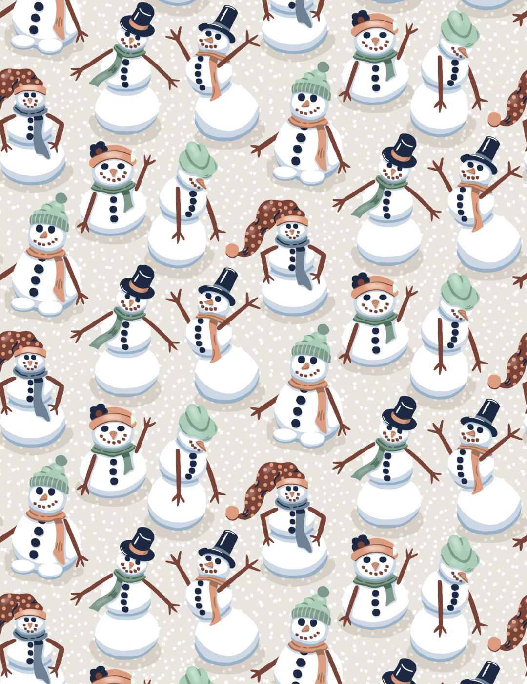 A pattern of white snowmen with hats and scarves in various dramatic poses on a textured off white background.
