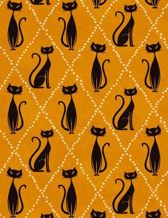 A seamless repeat pattern of retro style atomic black cats arrange inside diamond shapes outlined by light yellow dots, all on a mustard yellow background, creating a whimsical mood.