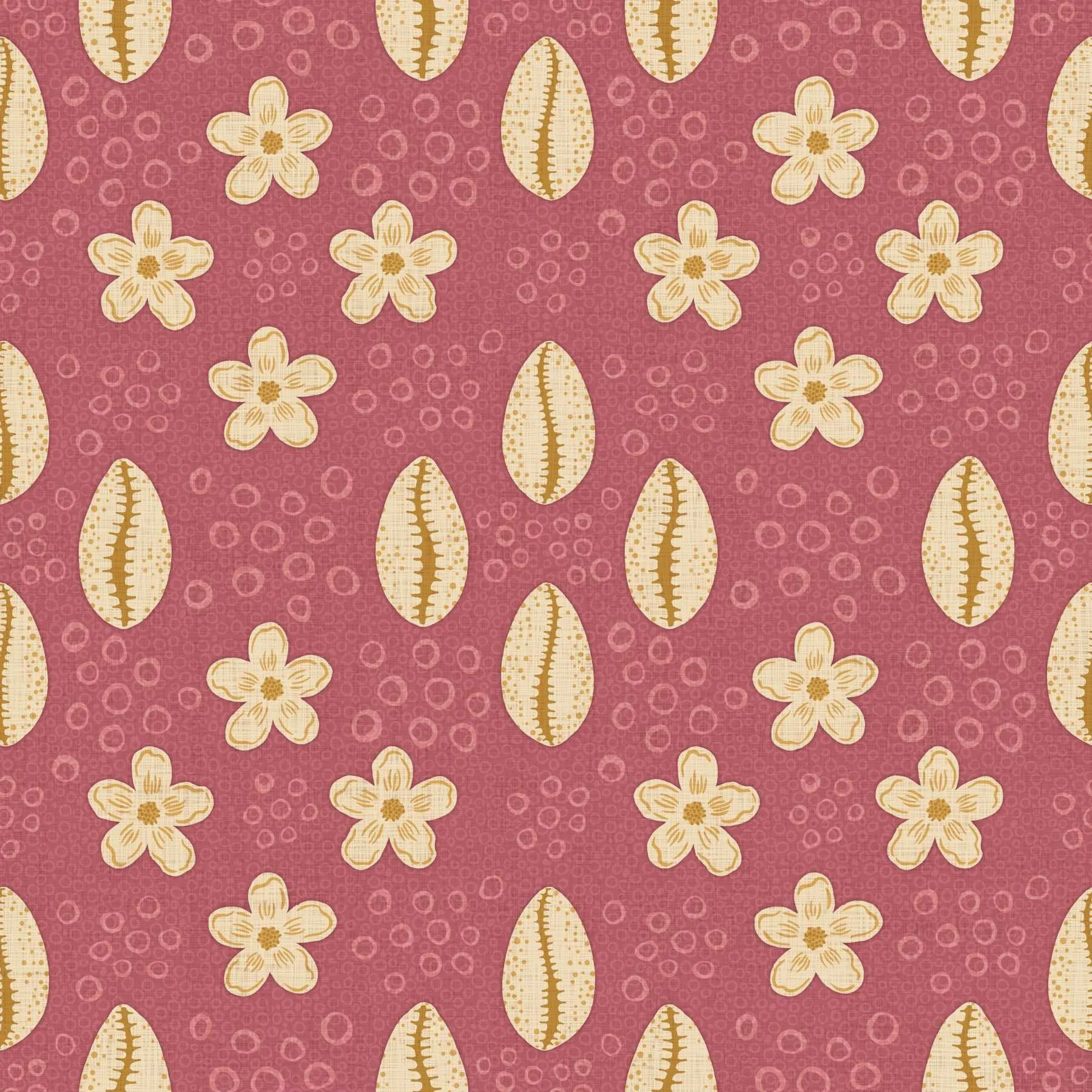 Pattern featuring cream flowers and cowrie shells on a textured rose pink background, with small circles adding depth. Evokes a warm, tropical feel.