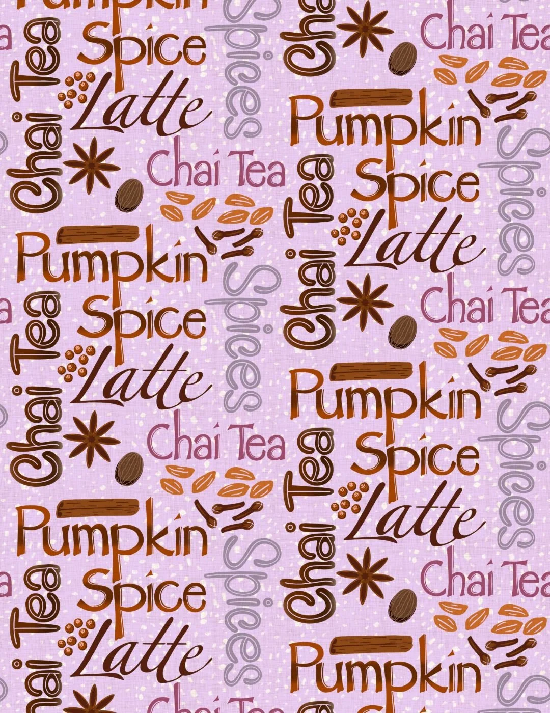 Patterned design features words like "Pumpkin Spice Latte" and "Chai Tea" with spices, on a lilac background, conveying warmth and coziness.