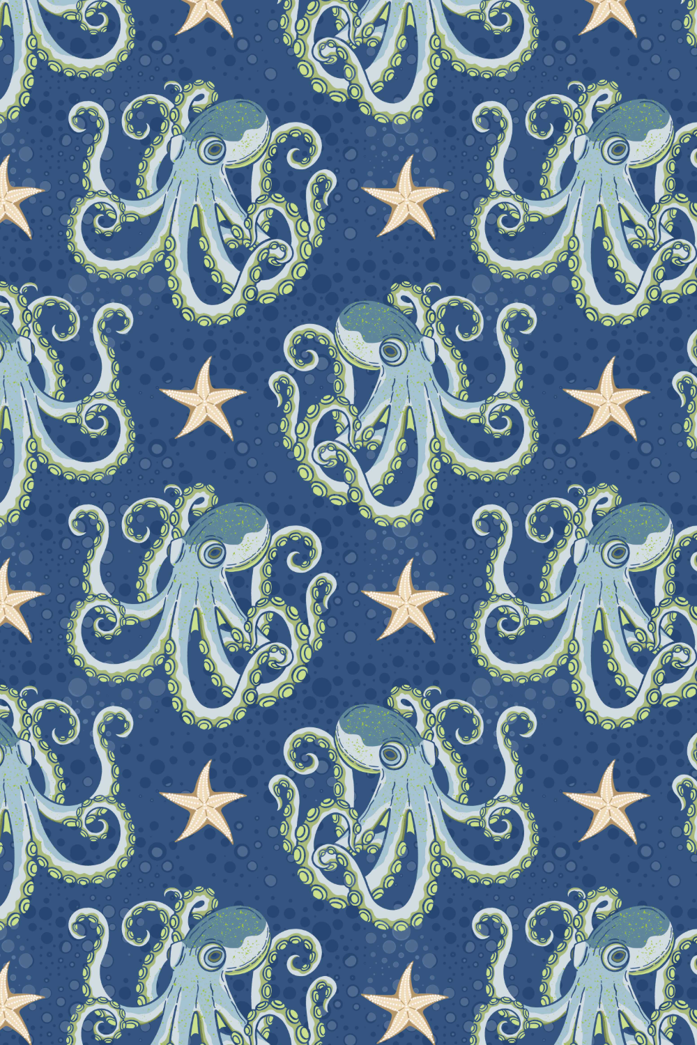 A pattern of light blue and green octopuses and starfish on a deep blue background with lighter blue bubbles.