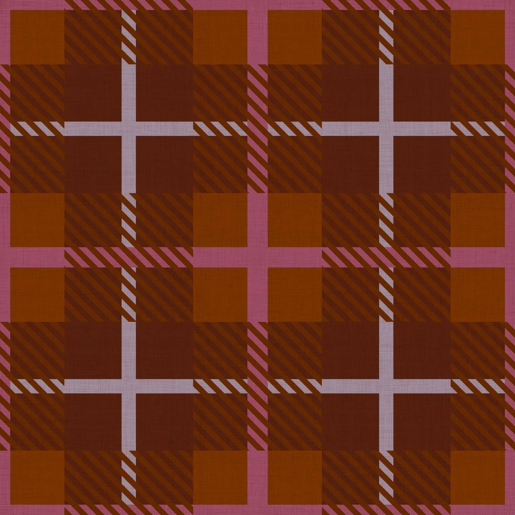 Tartan plaid pattern in rust, brown, pink, and lavender with diagonal windowpane overlay.