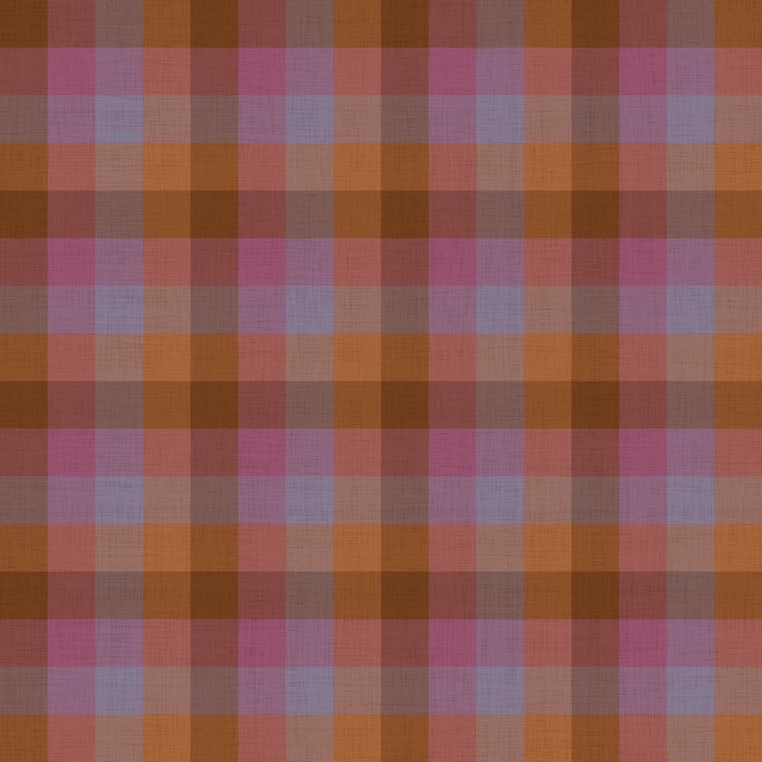 A plaid pattern in deep rose, orange, rust, brown, and lavender.