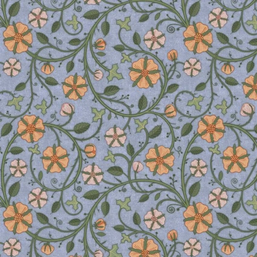 A seamless repeat pattern of stylized floral vinework in a medieval style in orange, pink, green, and blue.