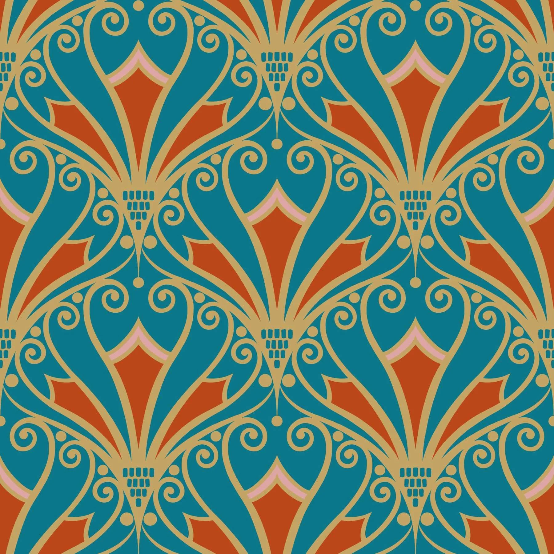 A pattern in an Art Nouveau style featuring ornamental shapes in gold linework, teal blue, and orange.