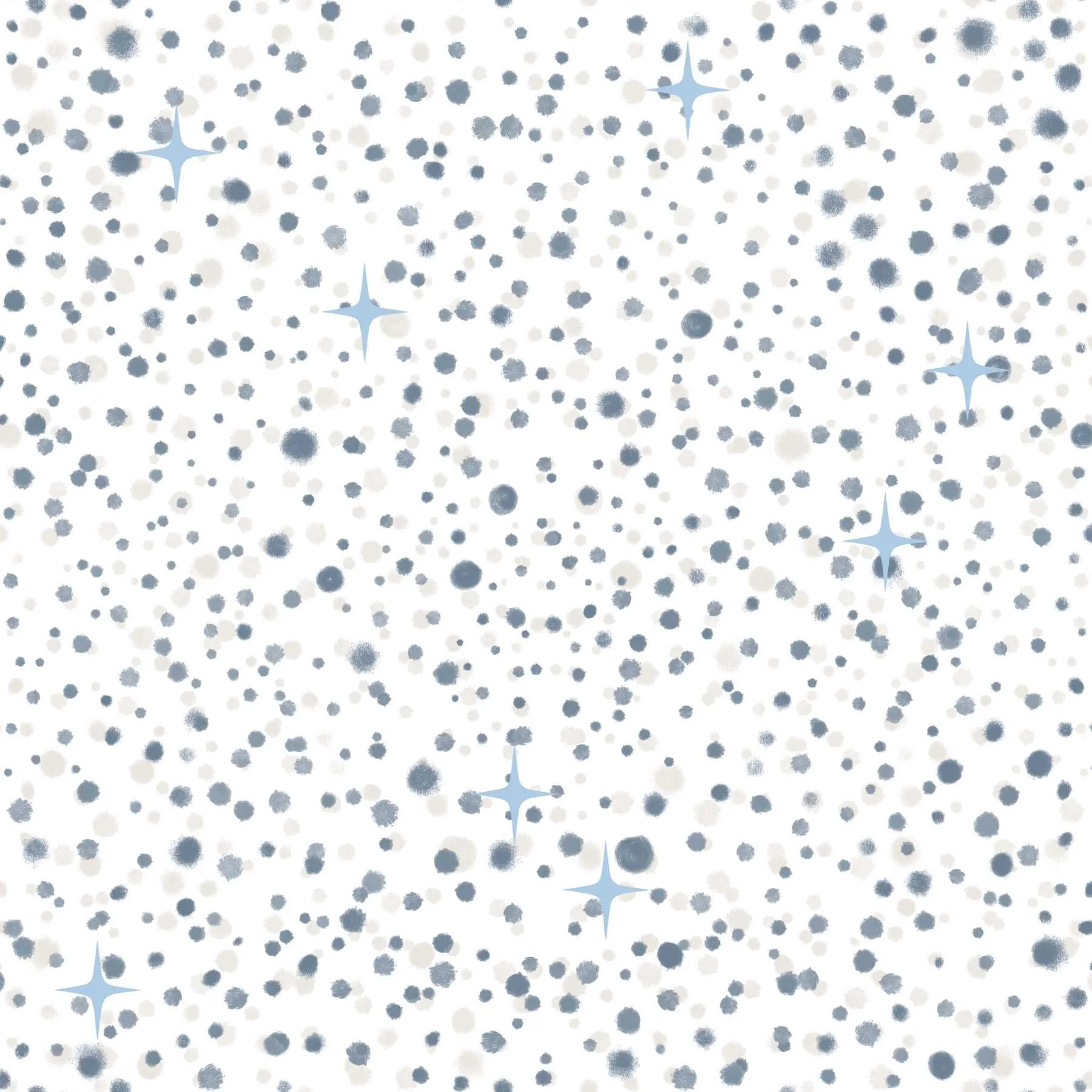 A pattern of blue, gray, and off white dots of various sizes, with light blue sparkles, on a white background.