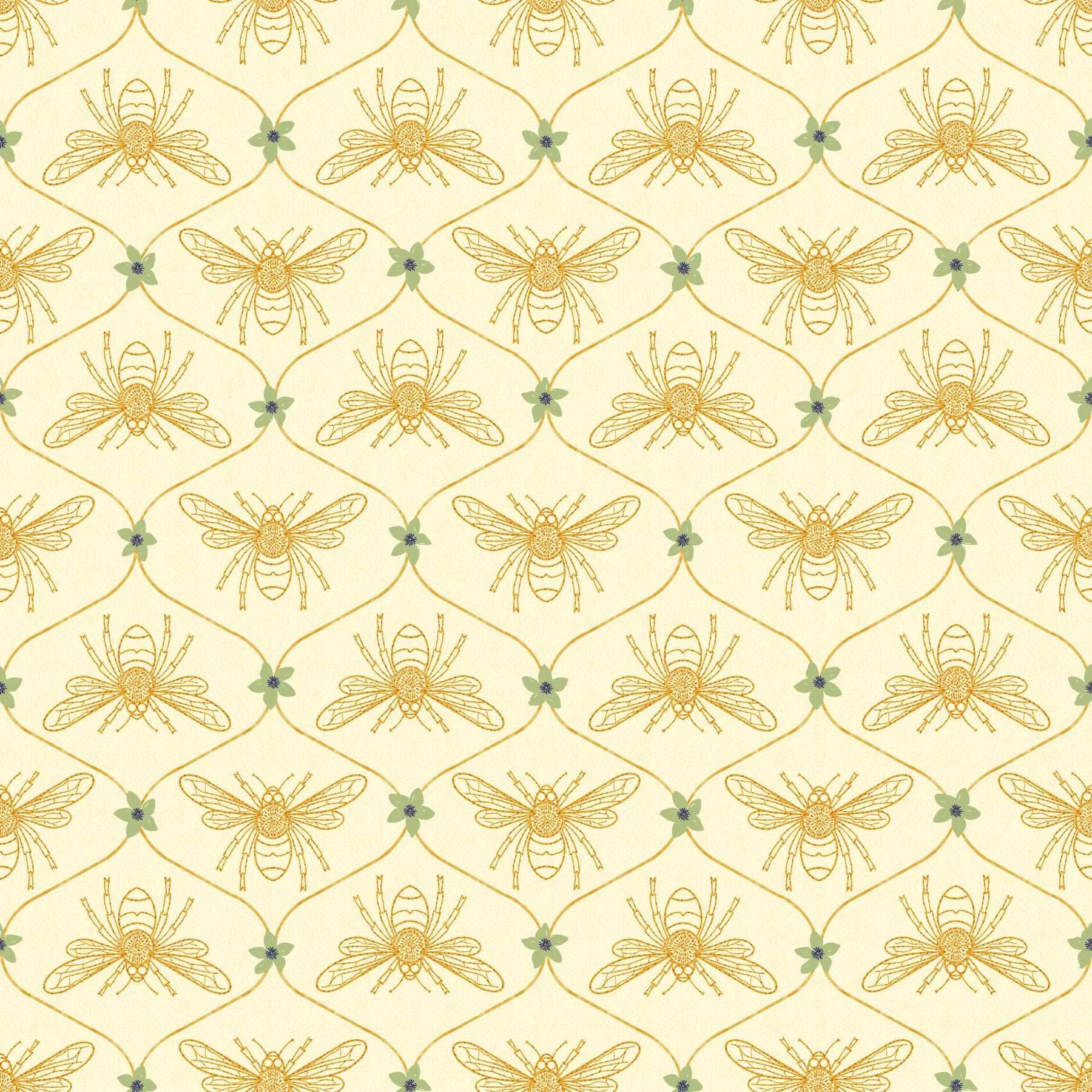 A seamless pattern of golden bees in a gold ogee lattice and small green flowers.