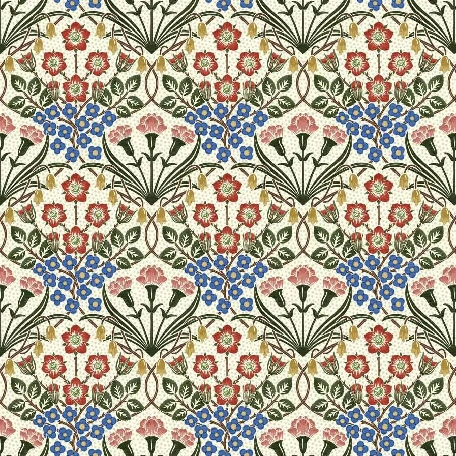 A seamless repeat pattern in Arts & Crafts style featuring flower & leaves in a damask pattern repeat in shades of red, pink, yellow, blue and green.