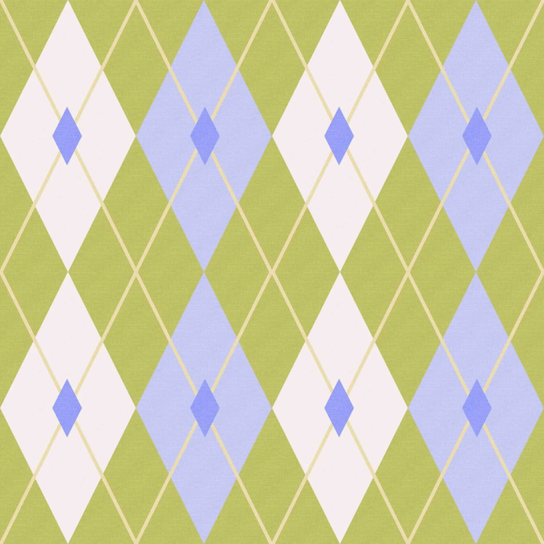 This diamond argyle pattern in shades of chartreuse green, light blue, white, and medium blue adds a preppy coastal touch to interiors and home decor.