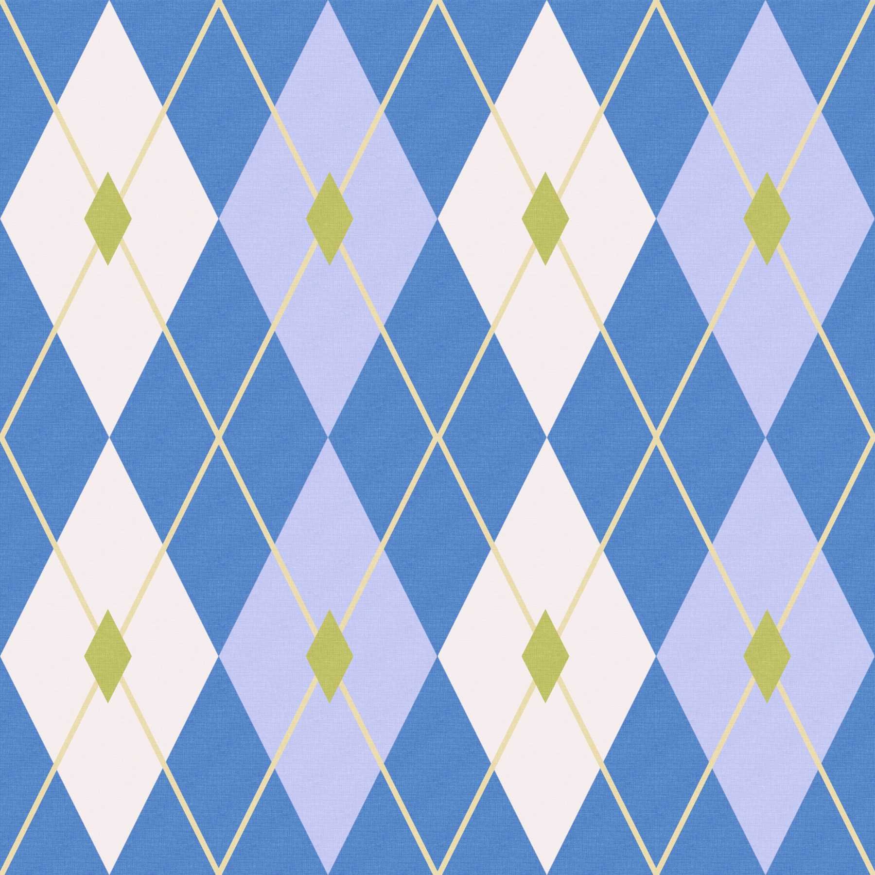 This diamond argyle pattern in shades of medium blue, light blue, white, and lime green adds a preppy coastal touch to interiors and home decor.