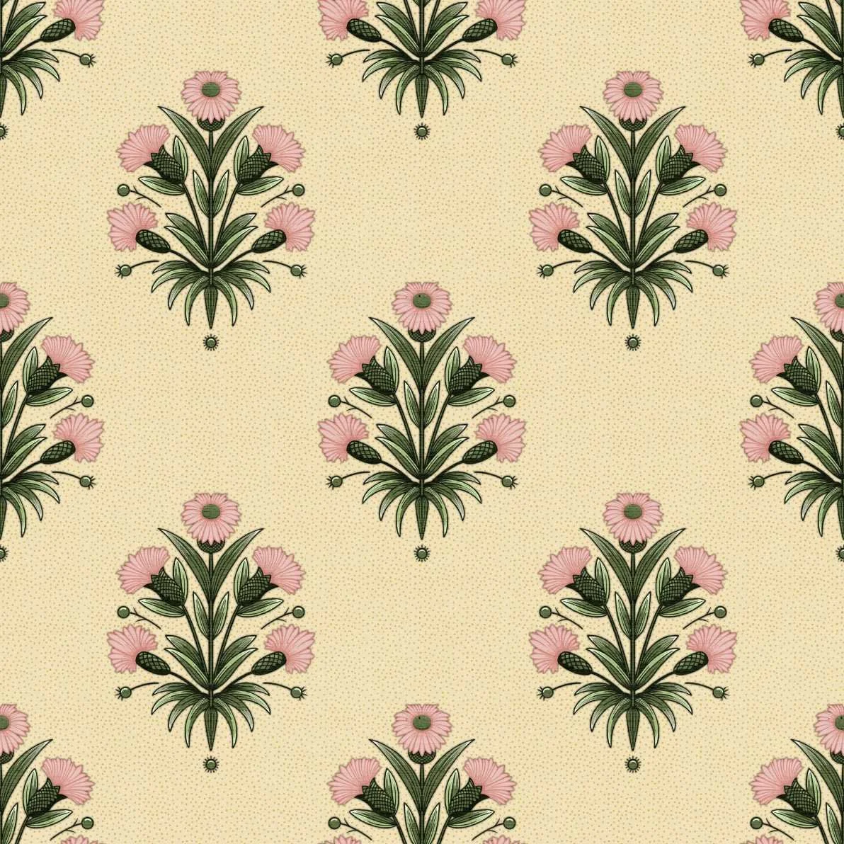 A seamless repeat pattern of pink cornflower plants in a medieval damask style on a pale yellow background.
