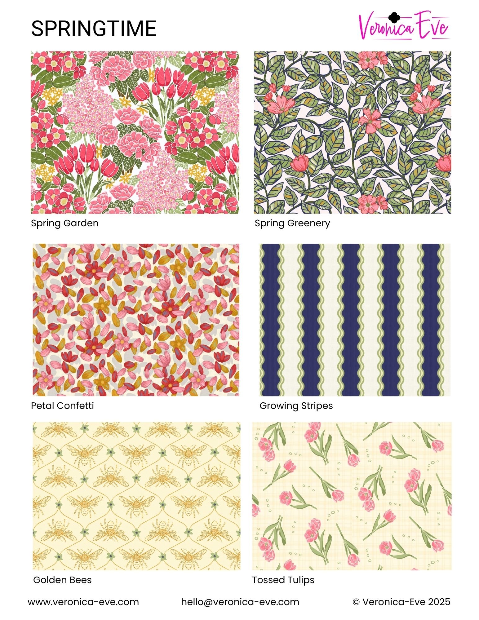 This graphic shows a collection of seamless patterns with a springtime theme in shades of pink, green, navy, gold, and cream.  This collection is by Veronica Eve on Spoonflower.com.