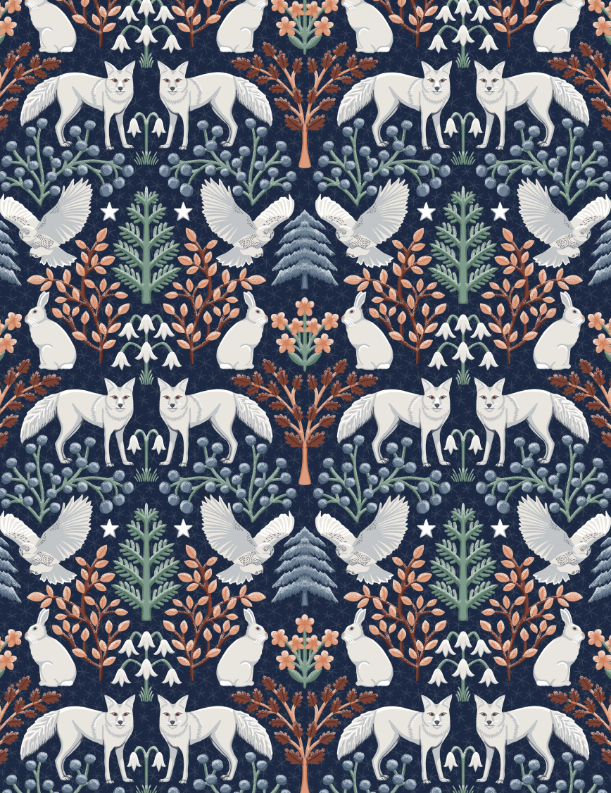 Seamless dark blue botanical pattern featuring white foxes, owls, rabbits, evergreen trees, flowers, and stars in a whimsical woodland design.