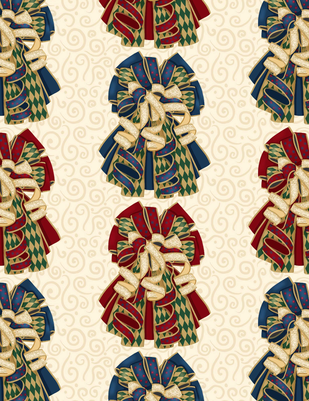 Repeating pattern of large layered gift bows in alternating red and navy with gold & green harlequin diamond ribbon, and cream & gold ribbon, all on a cream background with gold scrollwork detailing.