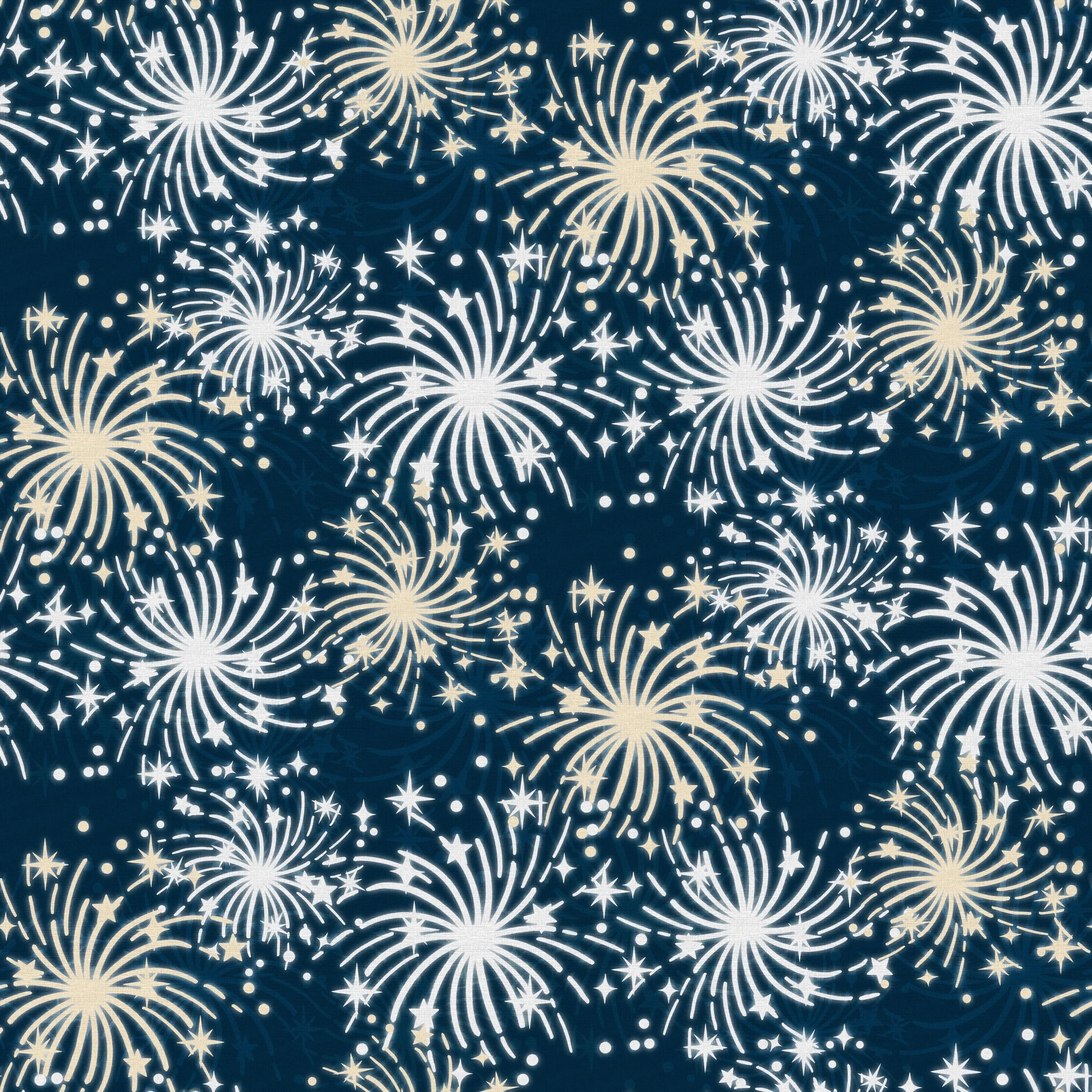 A pattern of white and gold fireworks bursts against a dark blue background, creating a festive and celebratory atmosphere with star and dot accents.