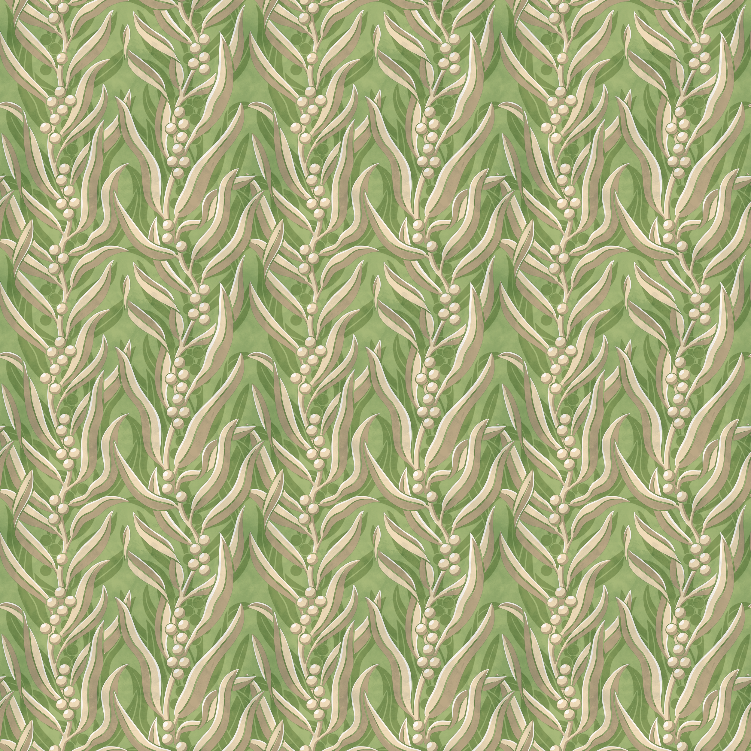 Pattern featuring sea kelp with beige leaves on a textured, muted green background, conveying a calm, organic feel.