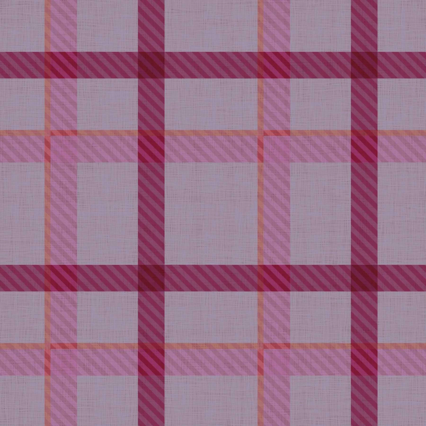 Windowpane plaid in shades of pink and magenta with thin orange lines on a lilac background.