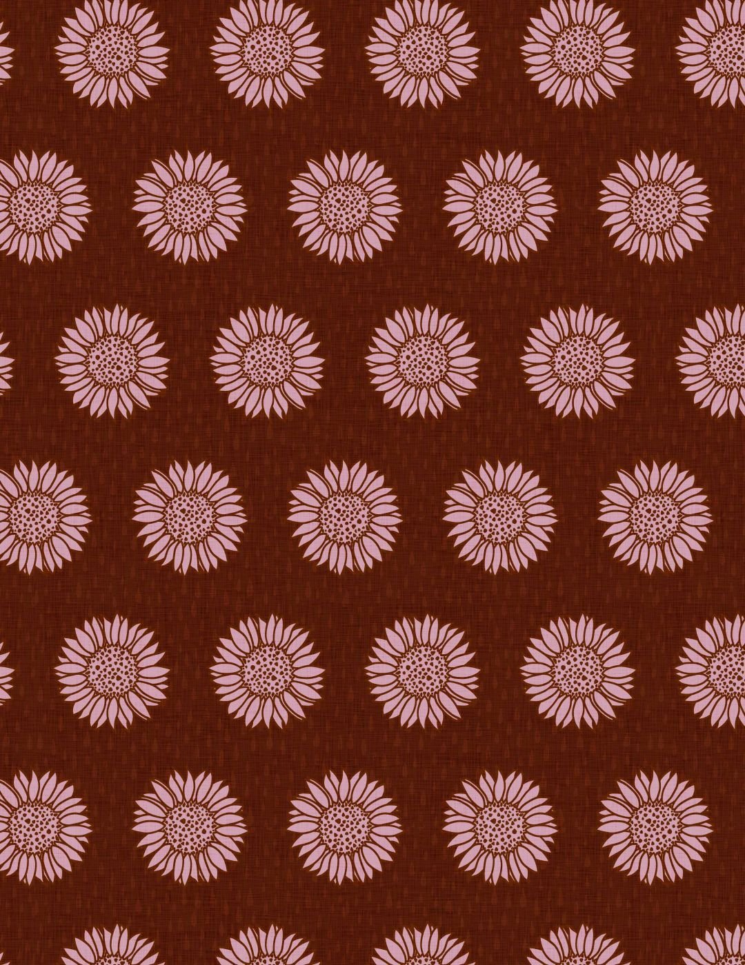 Pattern of pink sunflowers evenly spaced on a rich brown textured background. The design is symmetrical, creating a calm and orderly aesthetic.