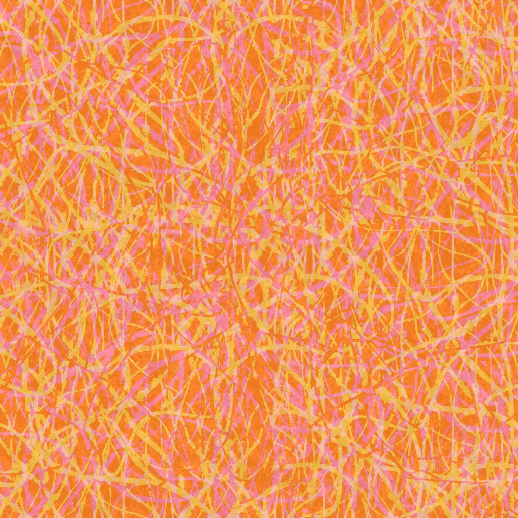 A vibrant abstract pattern inspired by seaweed, features intersecting pink, yellow, and orange lines on a bold orange background, creating a dynamic and energetic feel.