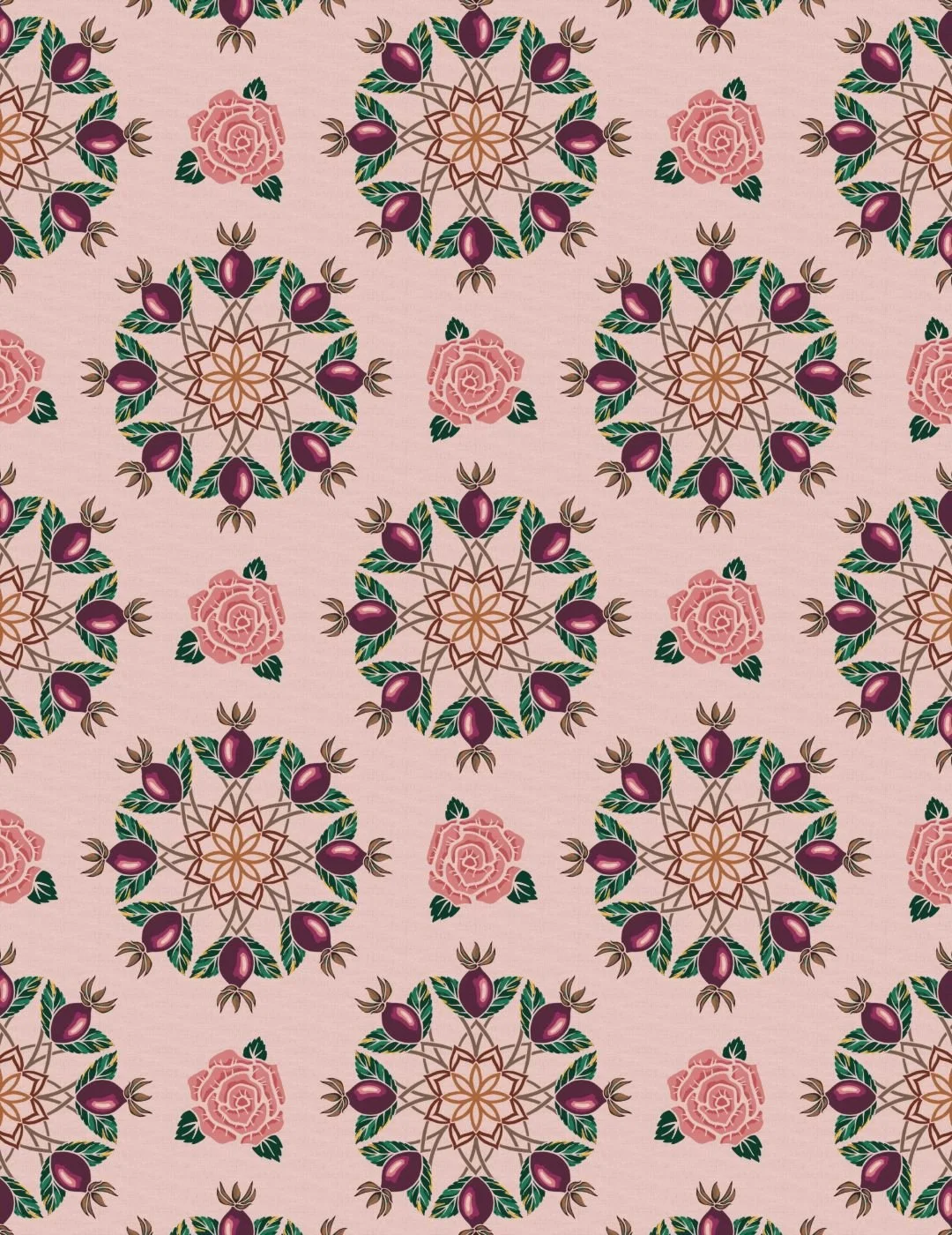Floral pattern with ornate circular mandala designs of plum purple rosehips, green leaves, and pink roses on a soft pink background. Elegant and harmonious.