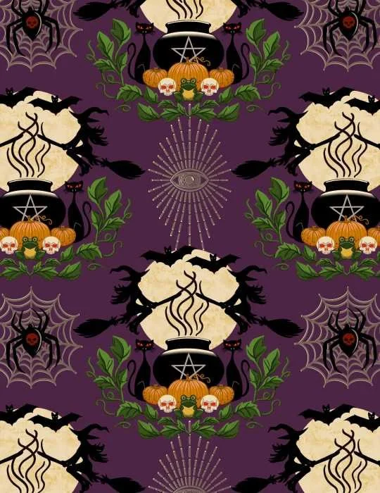 A seamless repeat design featuring witches on broomsticks in front of a full moon, over a black cauldron surrounded by pumpkins, skulls, a toad, and a green vine.  There are also magic eyes and a spider on a web, all on a dark purple background.