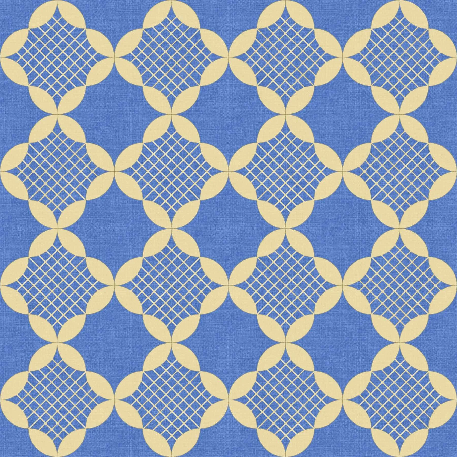 Grandmillennial lattice pattern in yellow and blue featuring interlocking quatrefoil motifs with delicate crisscross details, evoking a vintage quilt-inspired charm with a modern twist.
