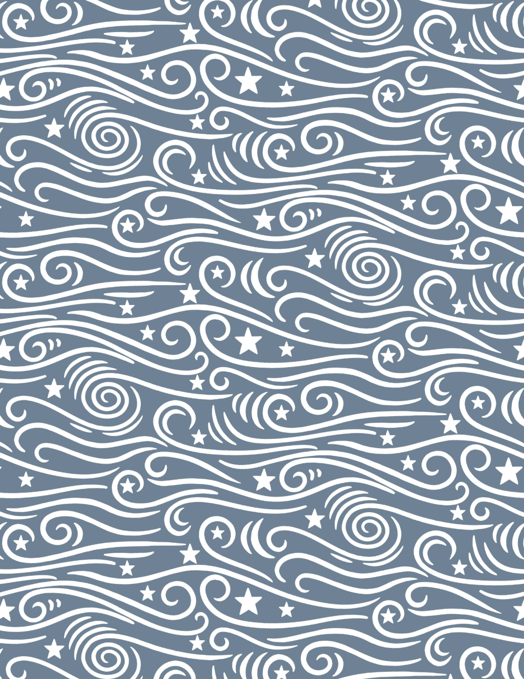 A pattern of white swirling lines evocative of blowing wind, with stars, on a dusty blue background.