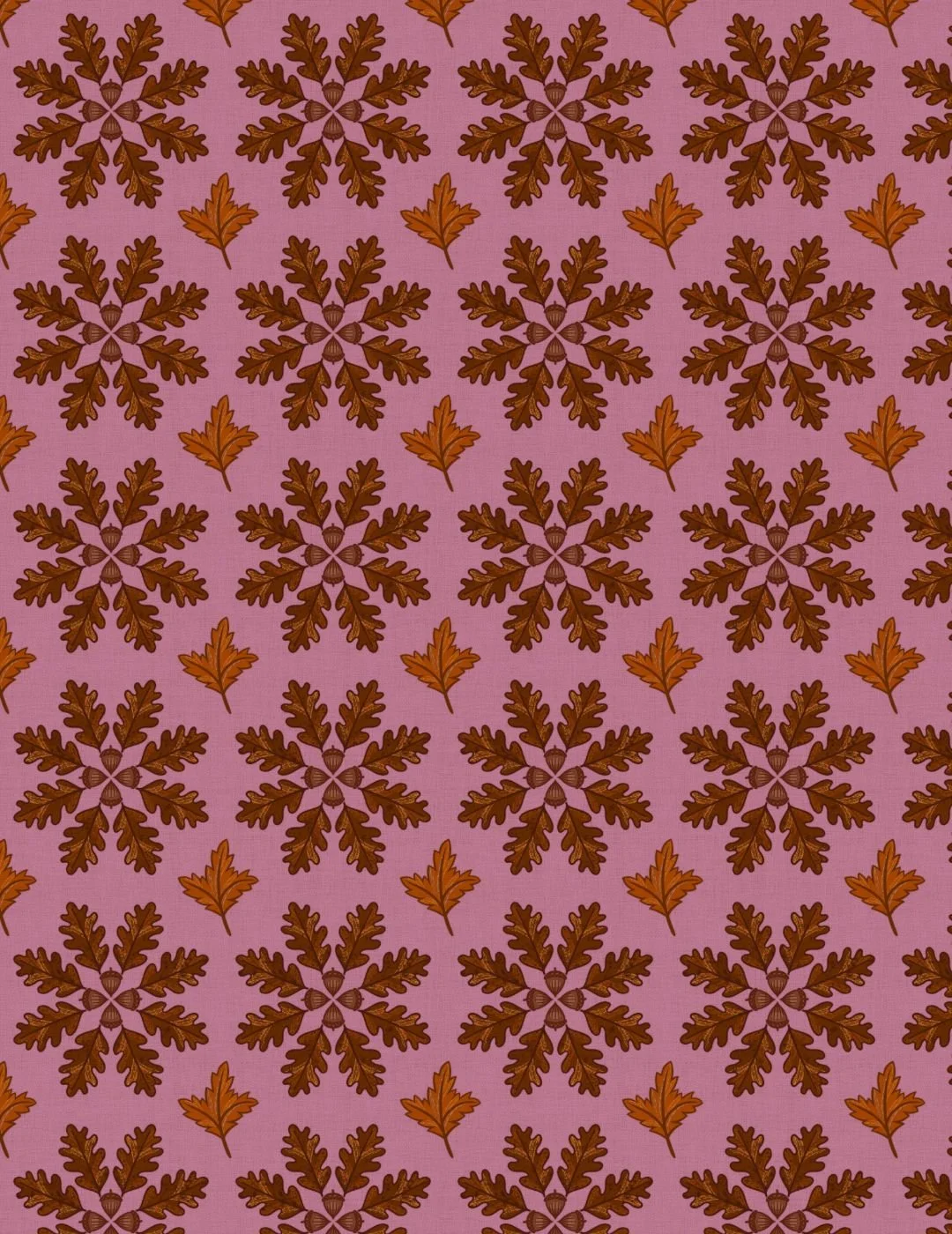 A pattern of brown oak leaf mandalas and orange maple leaves on a muted pink background. The repeating design creates a warm, autumnal feel.