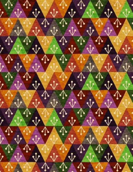 A repeat pattern of rows of triangle shapes in purple, red, orange, green, yellow, and gray with cream colored symbols.  The designs has a grungy texture overlay, providing depth.