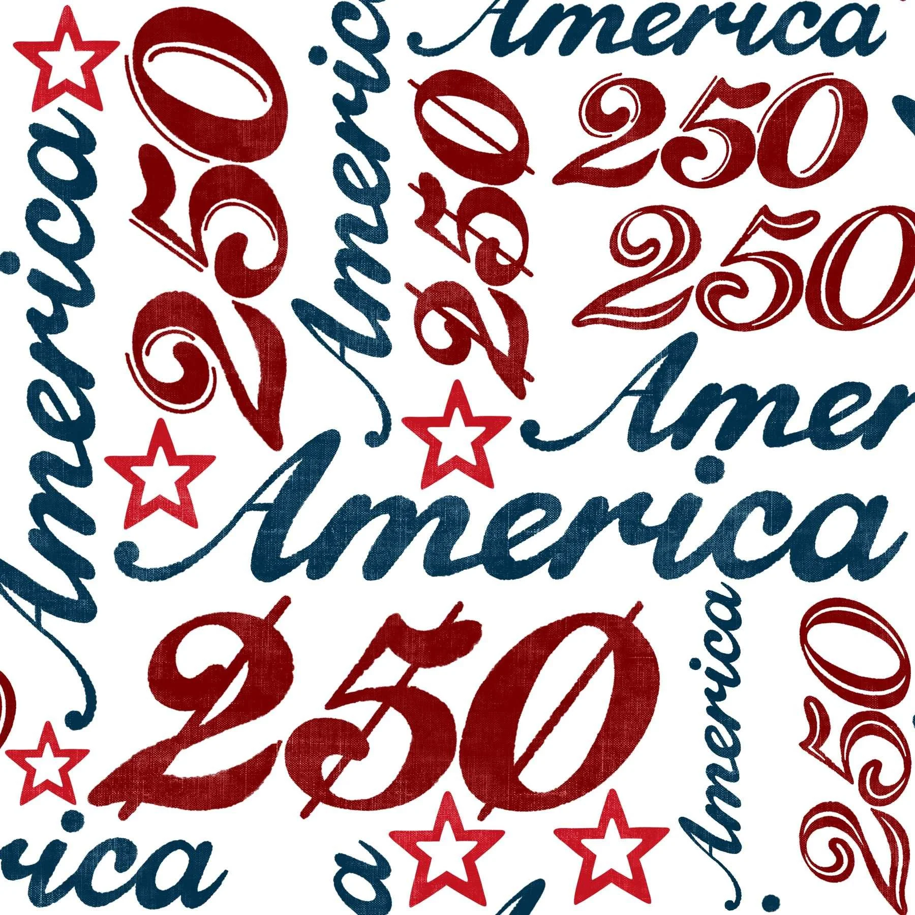 Stylized text pattern featuring "America" and "250" with stars in red and blue on a white background. Vintage, celebratory tone.