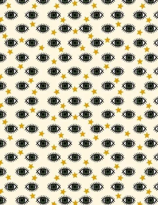 A seamless pattern of green eyes outlined in black on a cream background.  Small gold stars are sprinkled throughout.