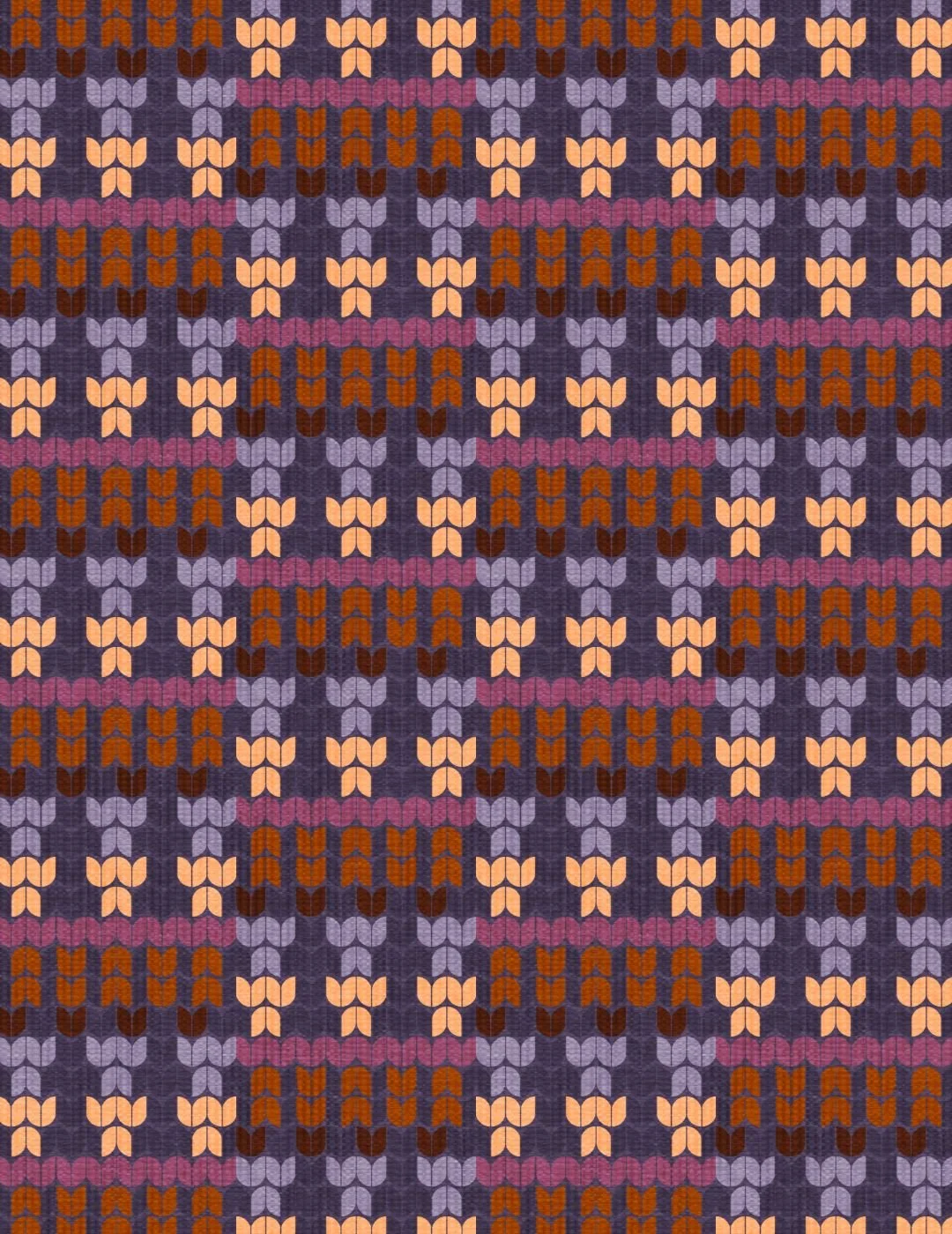 A geometric pattern similar to a fair isle knit pattern in shades of pink, orange, plum, peach, and lavender on a dark purple background.