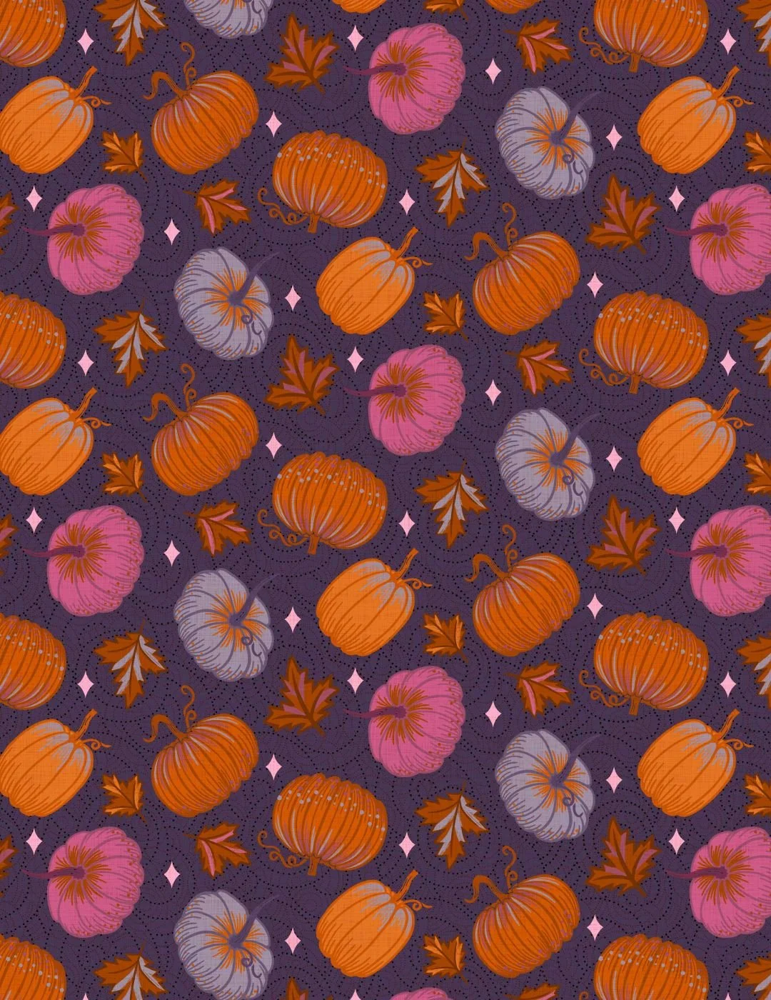 A design of scattered orange, pink, and lavender pumpkins, with maple leaves on a dark purple background, creating a seasonal autumn feel.