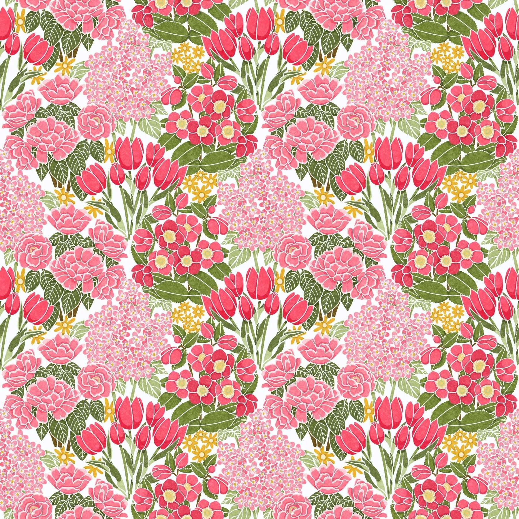 A seamless repeat pattern of pink spring flowers with green leaves arranged in an ogee pattern.